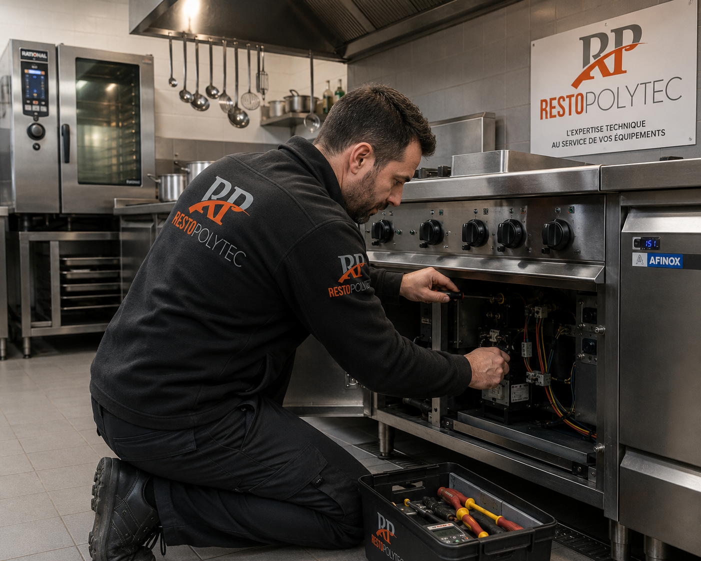 Technicien Restopolytec en intervention sur équipement de cuisine professionnelle